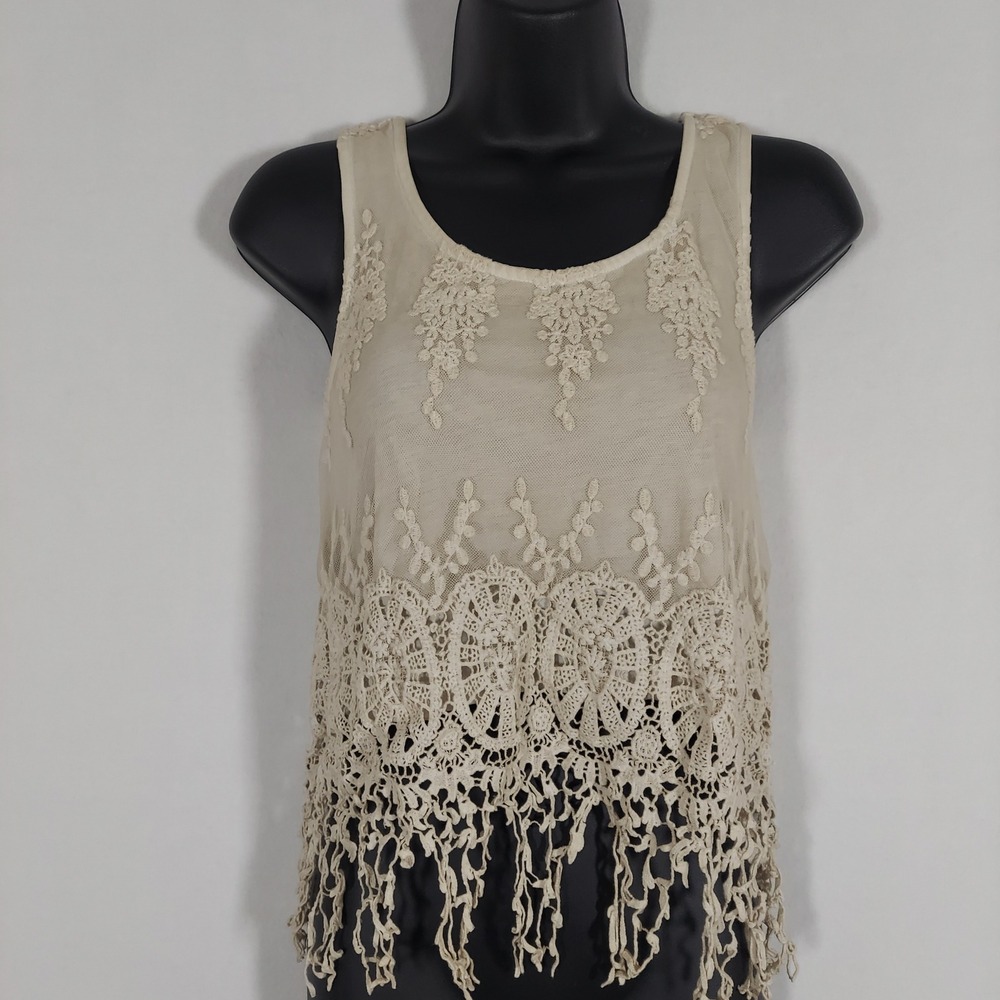 Womens Ivory Lace Mesh Crochet Fringe Tank Top Boho Festival Sheer Lined XS